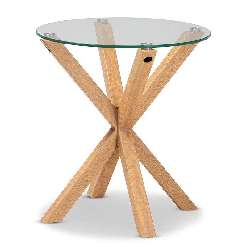 Mesa auxiliar redonda con tapa de cristal, natural/transparente, para 1 persona