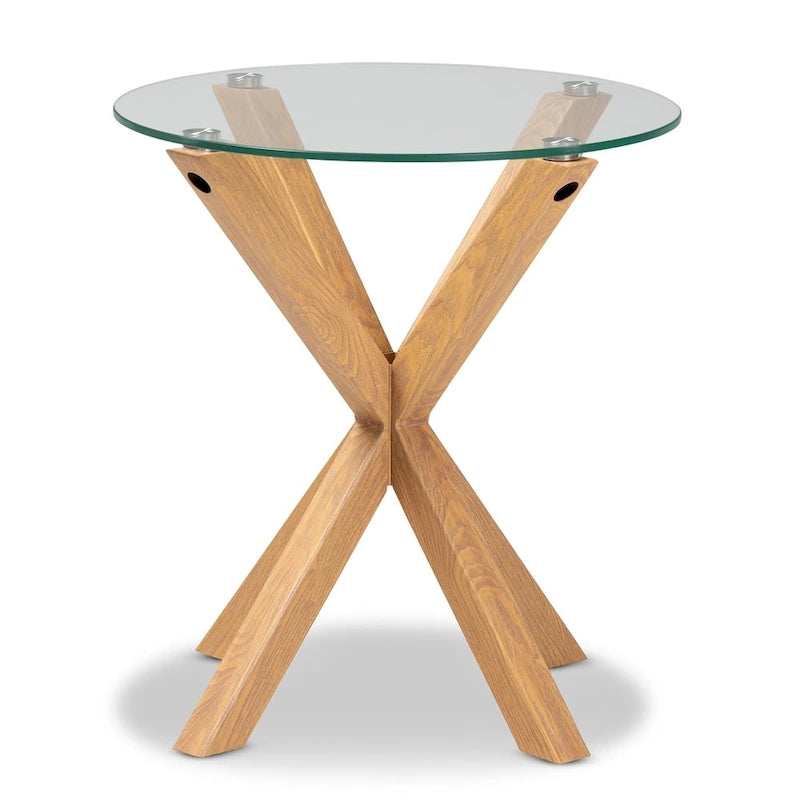 Mesa auxiliar redonda con tapa de cristal, natural/transparente, para 1 persona