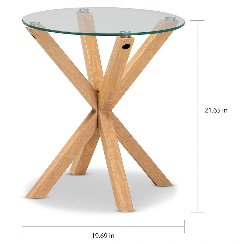 Mesa auxiliar redonda con tapa de cristal, natural/transparente, para 1 persona