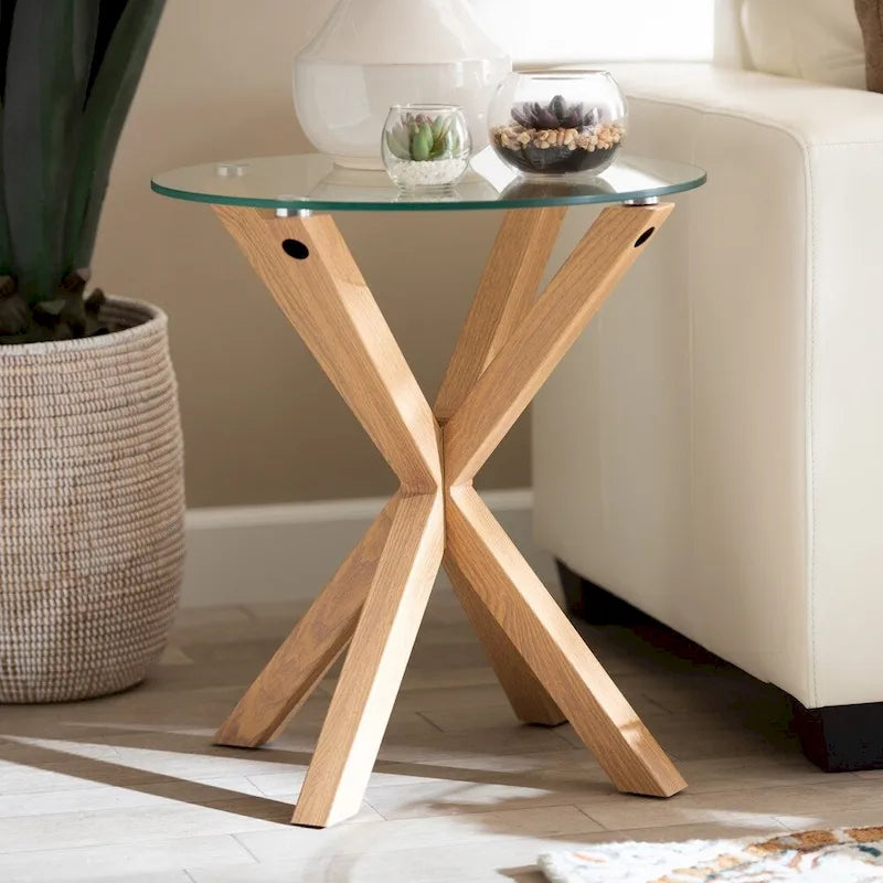 Mesa auxiliar redonda con tapa de cristal, natural/transparente, para 1 persona