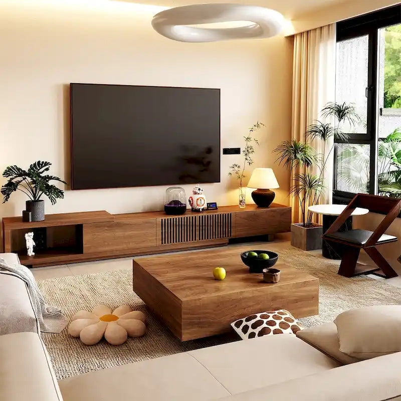 Mueble de TV extensible de nogal con 4 cajones, para televisores de hasta 118"