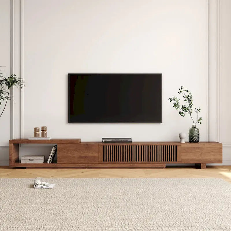 Mueble de TV extensible de nogal con 4 cajones, para televisores de hasta 118"