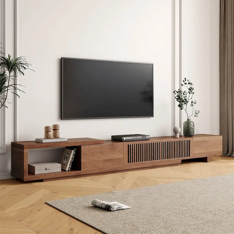 Mueble de TV extensible de nogal con 4 cajones, para televisores de hasta 118"
