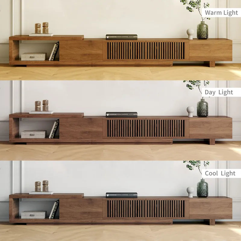 Mueble de TV extensible de nogal con 4 cajones, para televisores de hasta 118"
