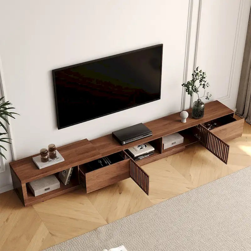 Mueble de TV extensible de nogal con 4 cajones, para televisores de hasta 118"