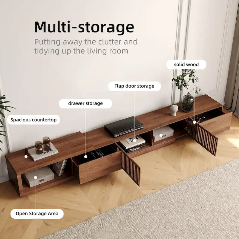 Mueble de TV extensible de nogal con 4 cajones, para televisores de hasta 118"