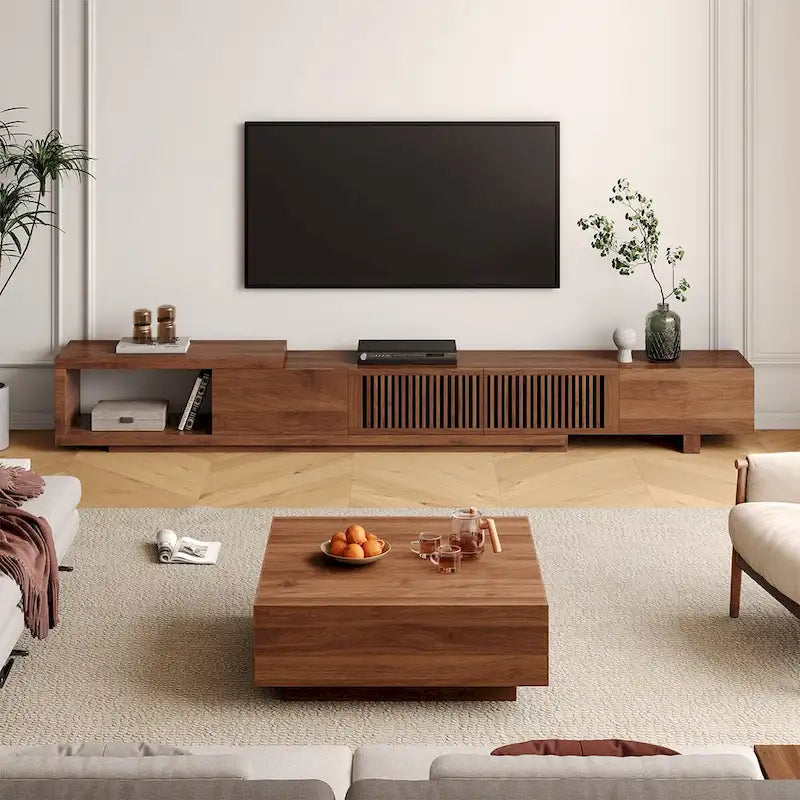 Mueble de TV extensible de nogal con 4 cajones, para televisores de hasta 118"