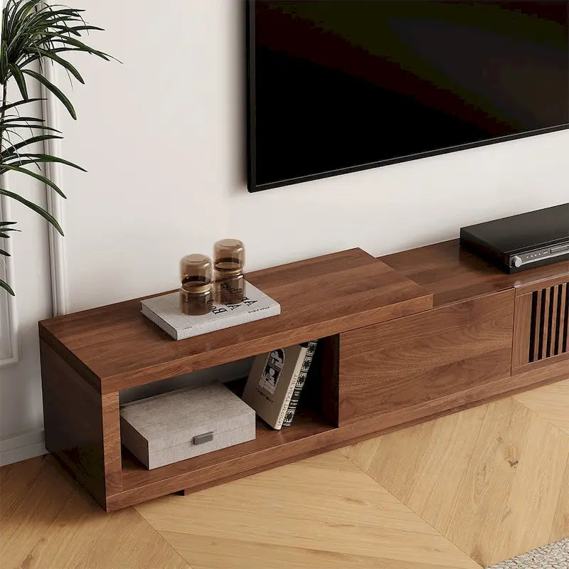 Mueble de TV extensible de nogal con 4 cajones, para televisores de hasta 118"