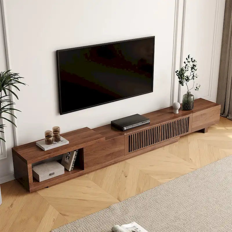 Mueble de TV extensible de nogal con 4 cajones, para televisores de hasta 118"