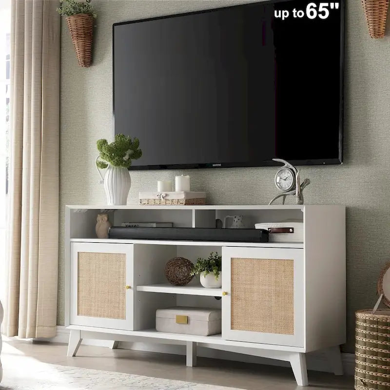 Mueble de TV de 58" de Estilo Mid-Century con Puertas de Ratán, Almacenamiento de 2 Armarios, 3 Colores