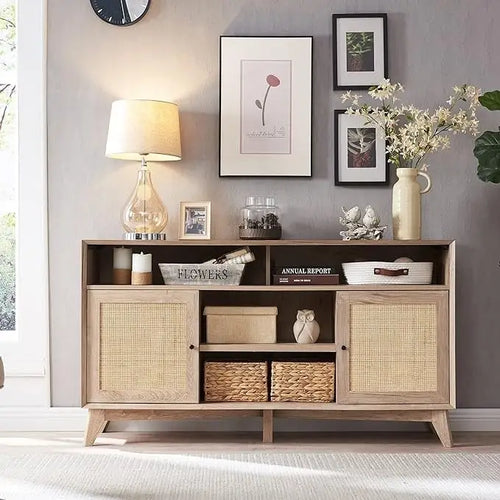 Mueble de TV de 58" de Estilo Mid-Century con Puertas de Ratán, Almacenamiento de 2 Armarios, 3 Colores