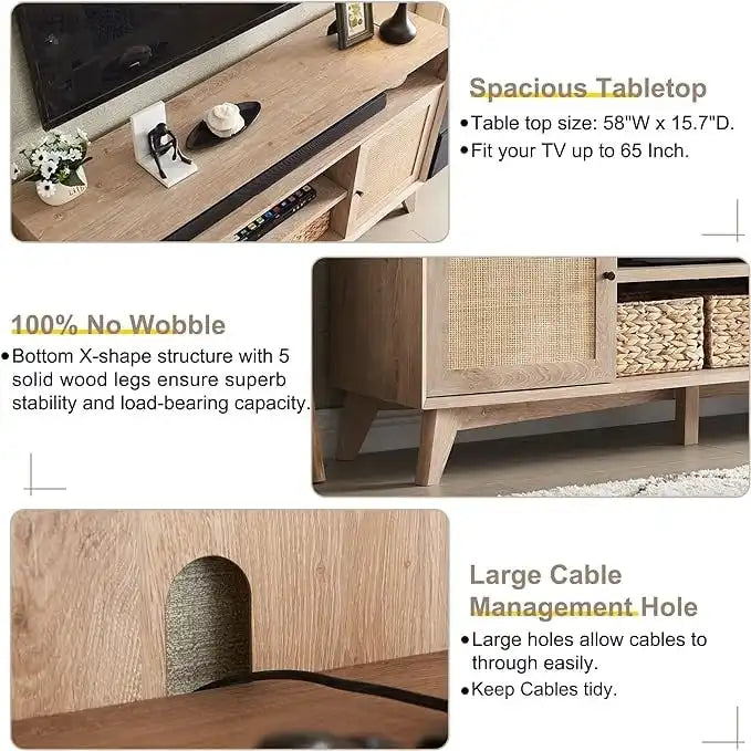 Mueble de TV de 58" de Estilo Mid-Century con Puertas de Ratán, Almacenamiento de 2 Armarios, 3 Colores