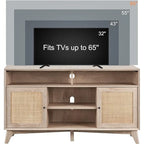 Mueble de TV de 58" de Estilo Mid-Century con Puertas de Ratán, Almacenamiento de 2 Armarios, 3 Colores