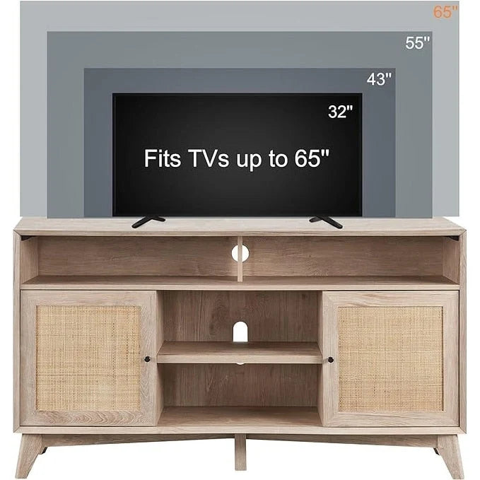 Mueble de TV de 58" de Estilo Mid-Century con Puertas de Ratán, Almacenamiento de 2 Armarios, 3 Colores