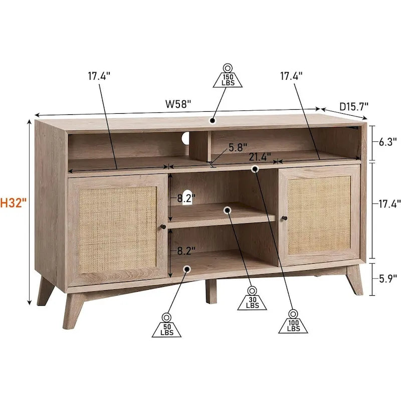 Mueble de TV de 58" de Estilo Mid-Century con Puertas de Ratán, Almacenamiento de 2 Armarios, 3 Colores