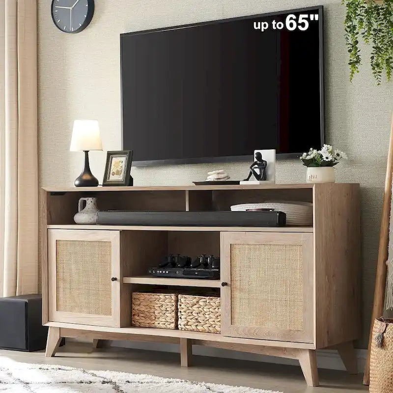 Mueble de TV de 58" de Estilo Mid-Century con Puertas de Ratán, Almacenamiento de 2 Armarios, 3 Colores