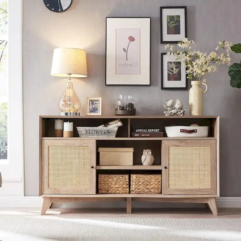 Mueble de TV de 58" de Estilo Mid-Century con Puertas de Ratán, Almacenamiento de 2 Armarios, 3 Colores