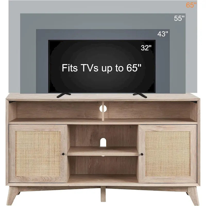 Mueble de TV de 58" de Estilo Mid-Century con Puertas de Ratán, Almacenamiento de 2 Armarios, 3 Colores
