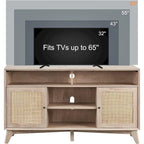 Mueble de TV de 58" de Estilo Mid-Century con Puertas de Ratán, Almacenamiento de 2 Armarios, 3 Colores