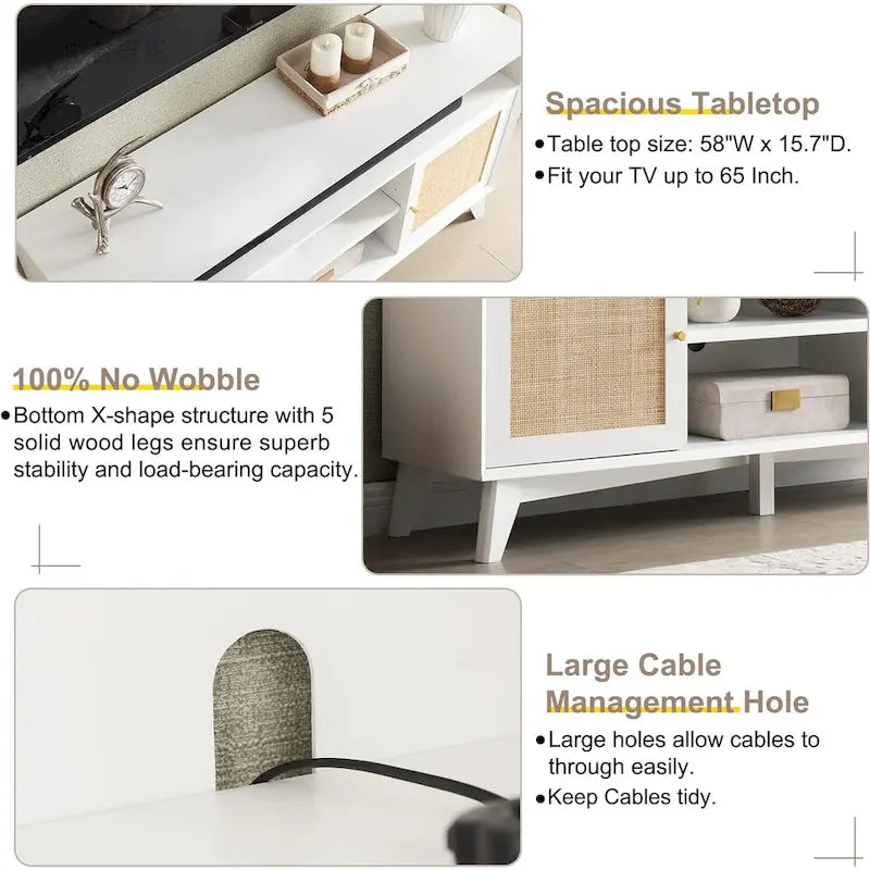 Mueble de TV de 58" de Estilo Mid-Century con Puertas de Ratán, Almacenamiento de 2 Armarios, 3 Colores