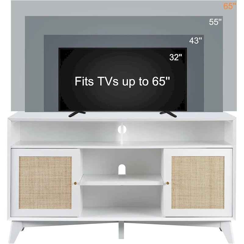 Mueble de TV de 58" de Estilo Mid-Century con Puertas de Ratán, Almacenamiento de 2 Armarios, 3 Colores