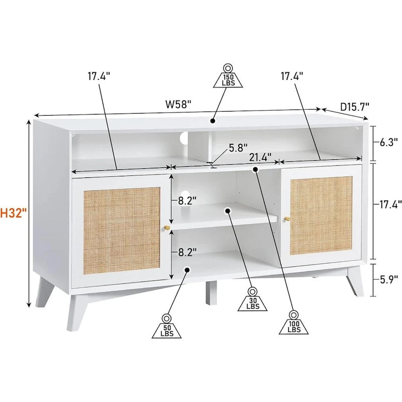 Mueble de TV de 58" de Estilo Mid-Century con Puertas de Ratán, Almacenamiento de 2 Armarios, 3 Colores