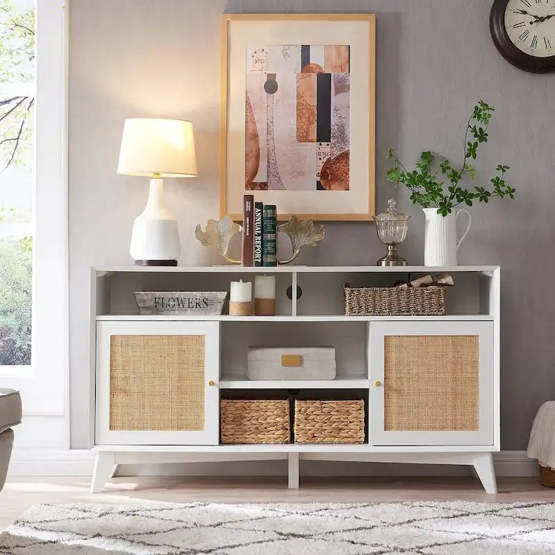 Mueble de TV de 58" de Estilo Mid-Century con Puertas de Ratán, Almacenamiento de 2 Armarios, 3 Colores