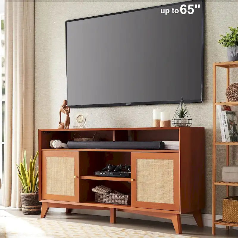 Mueble de TV de 58" de Estilo Mid-Century con Puertas de Ratán, Almacenamiento de 2 Armarios, 3 Colores