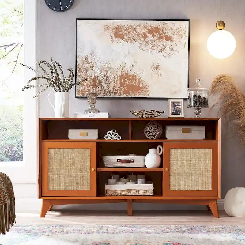 Mueble de TV de 58" de Estilo Mid-Century con Puertas de Ratán, Almacenamiento de 2 Armarios, 3 Colores