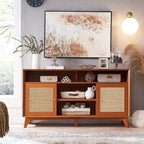 Mueble de TV de 58" de Estilo Mid-Century con Puertas de Ratán, Almacenamiento de 2 Armarios, 3 Colores
