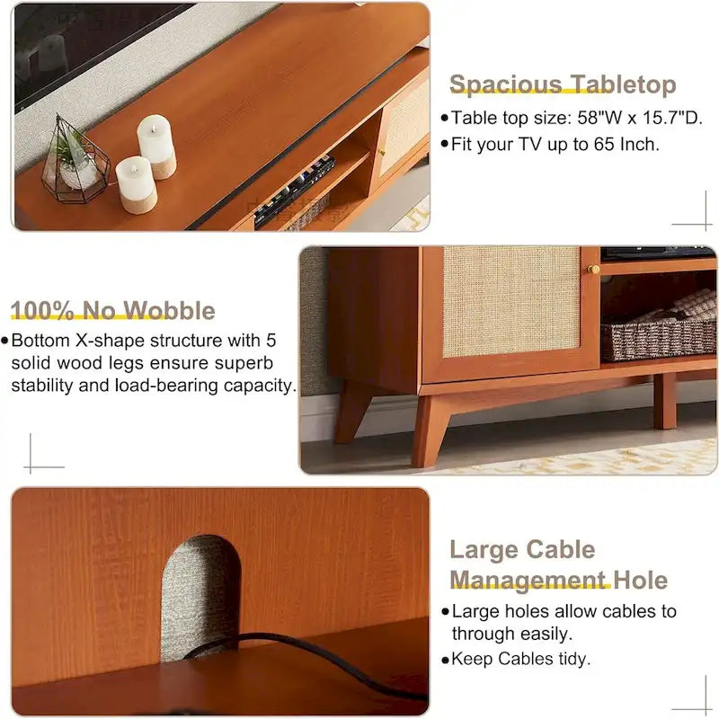 Mueble de TV de 58" de Estilo Mid-Century con Puertas de Ratán, Almacenamiento de 2 Armarios, 3 Colores