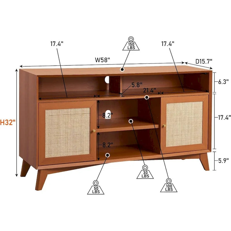 Mueble de TV de 58" de Estilo Mid-Century con Puertas de Ratán, Almacenamiento de 2 Armarios, 3 Colores