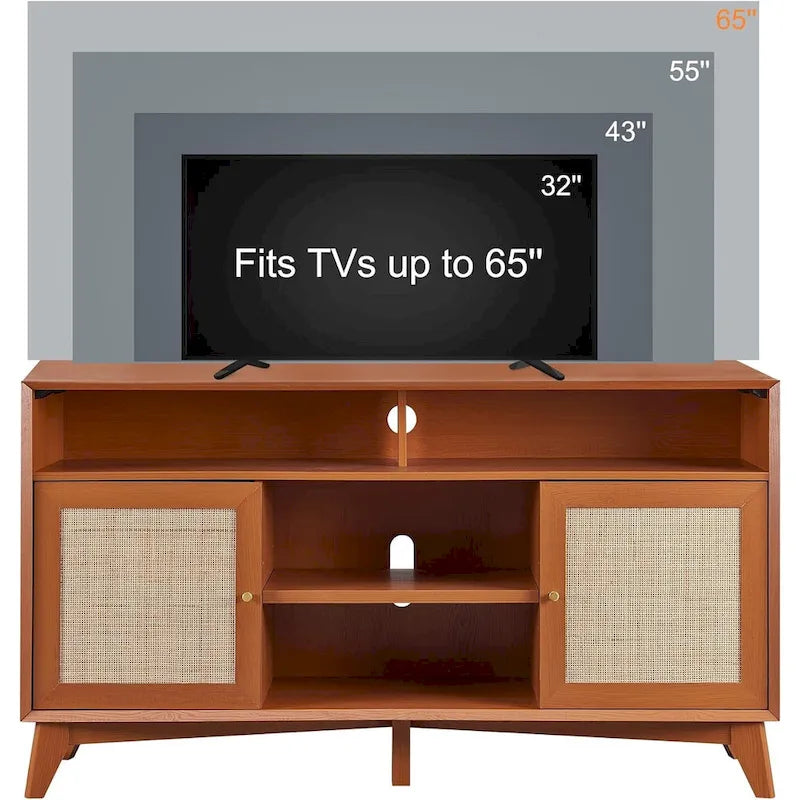 Mueble de TV de 58" de Estilo Mid-Century con Puertas de Ratán, Almacenamiento de 2 Armarios, 3 Colores