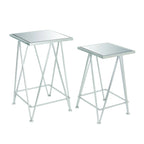 Mesa auxiliar de metal plateado/negro con tablero de cristal de espejo, juego de 2
