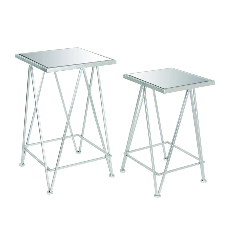 Mesa auxiliar de metal plateado/negro con tablero de cristal de espejo, juego de 2
