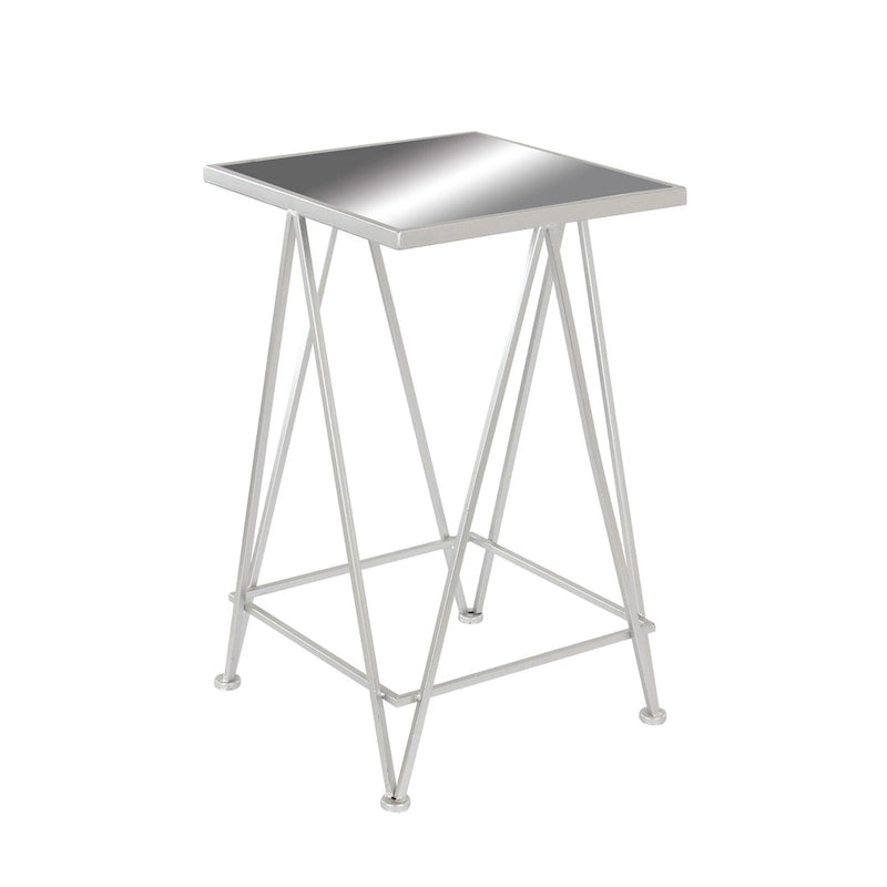 Mesa auxiliar de metal plateado/negro con tablero de cristal de espejo, juego de 2