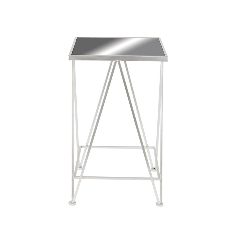 Mesa auxiliar de metal plateado/negro con tablero de cristal de espejo, juego de 2