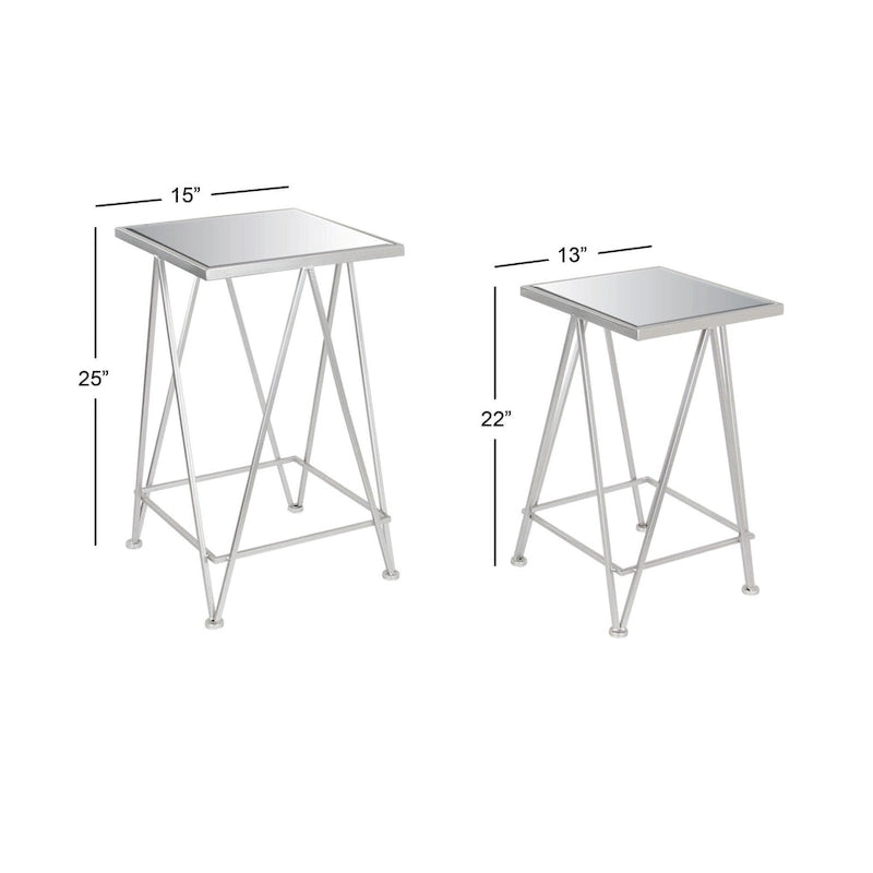 Mesa auxiliar de metal plateado/negro con tablero de cristal de espejo, juego de 2