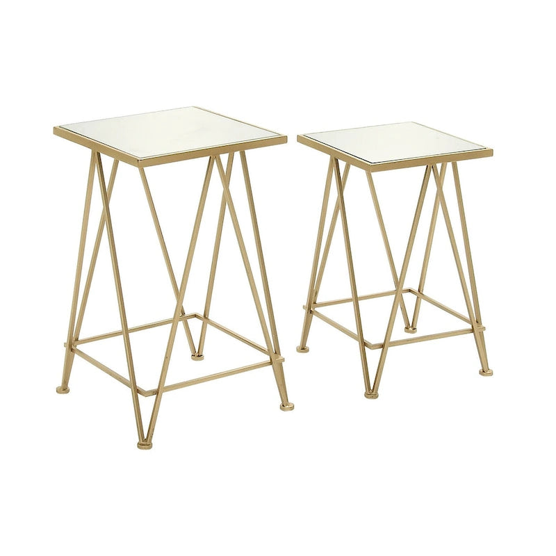 Mesa auxiliar de metal plateado/negro con tablero de cristal de espejo, juego de 2
