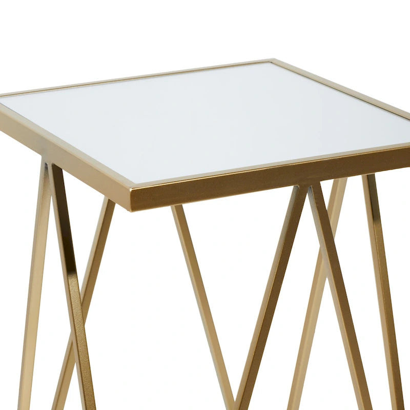 Mesa auxiliar de metal plateado/negro con tablero de cristal de espejo, juego de 2