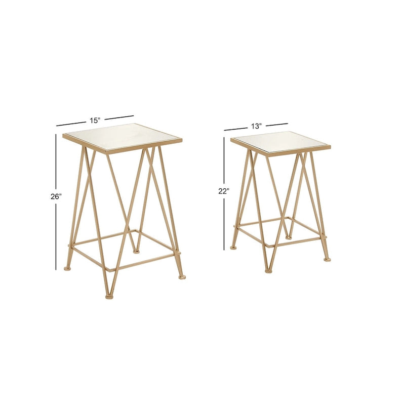 Mesa auxiliar de metal plateado/negro con tablero de cristal de espejo, juego de 2