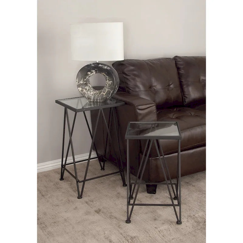 Mesa auxiliar de metal plateado/negro con tablero de cristal de espejo, juego de 2