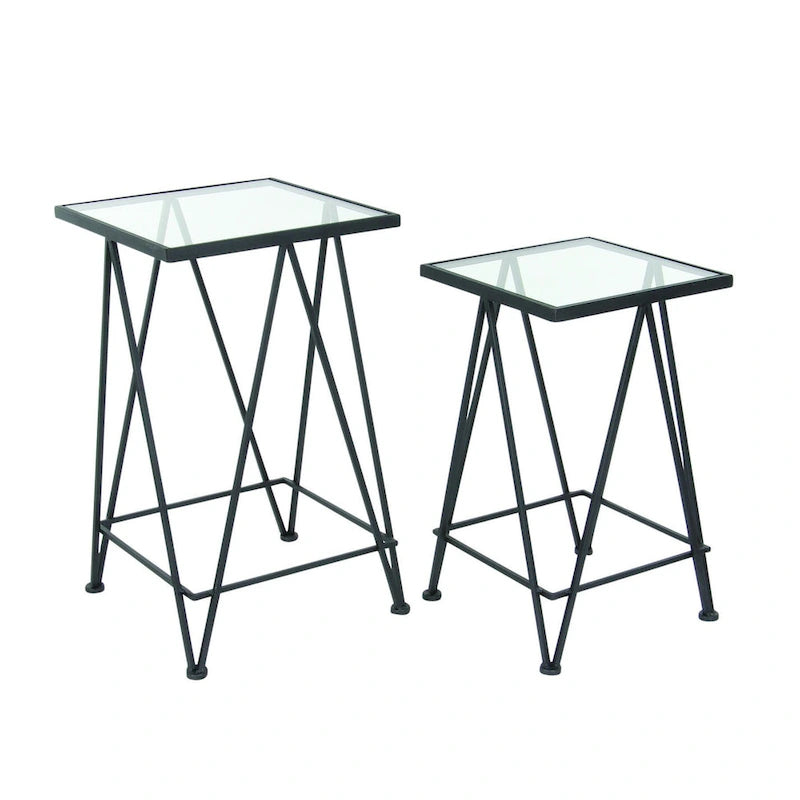 Mesa auxiliar de metal plateado/negro con tablero de cristal de espejo, juego de 2
