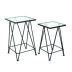 Mesa auxiliar de metal plateado/negro con tablero de cristal de espejo, juego de 2