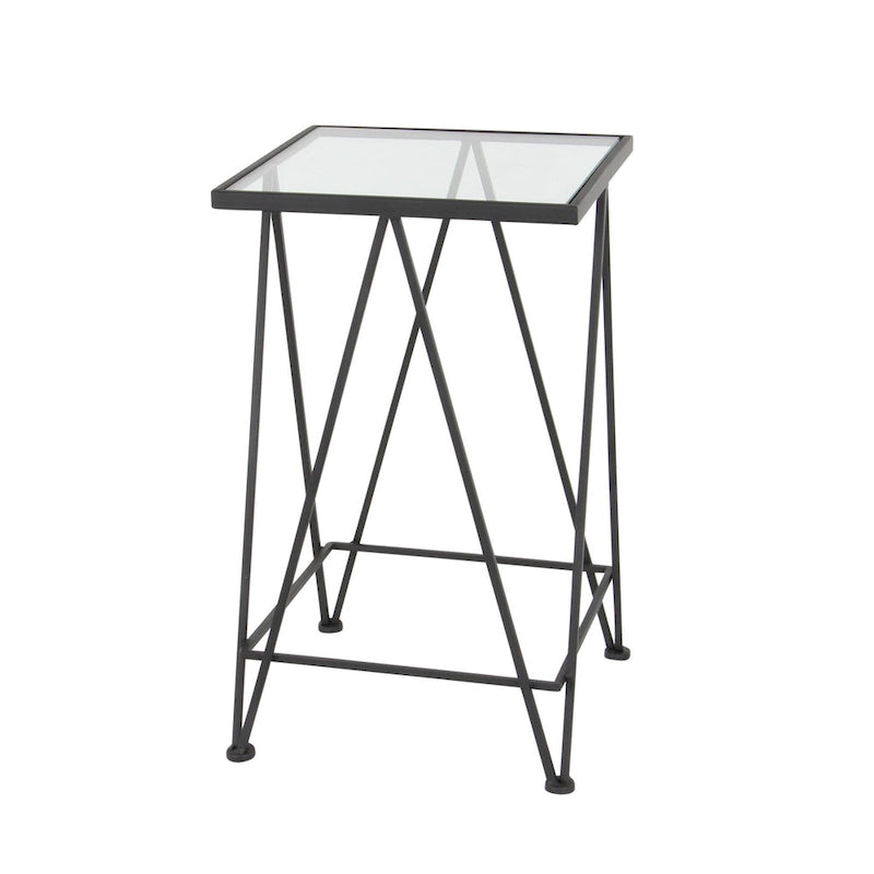 Mesa auxiliar de metal plateado/negro con tablero de cristal de espejo, juego de 2