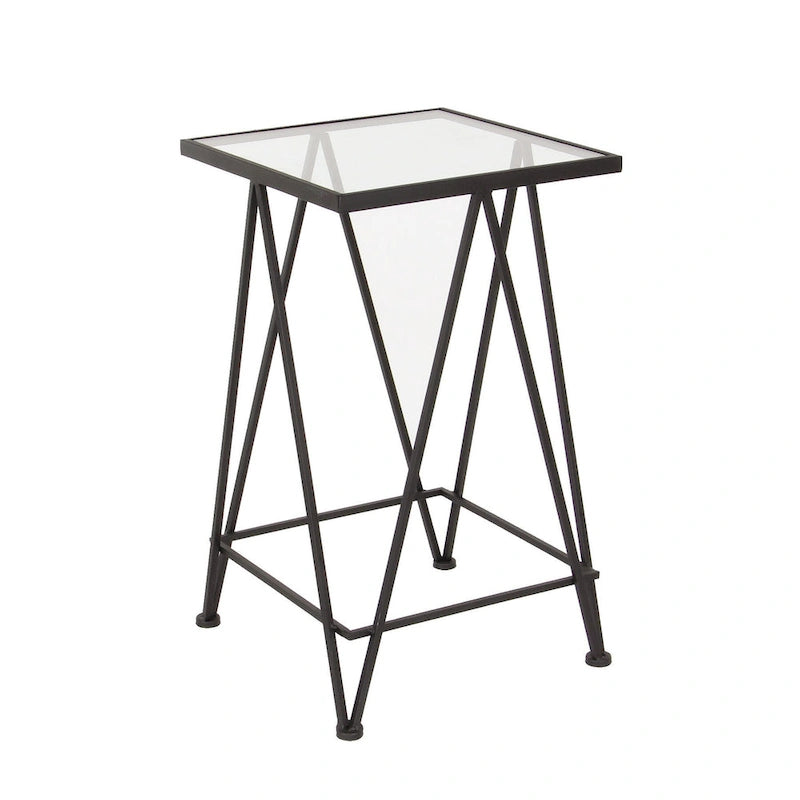 Mesa auxiliar de metal plateado/negro con tablero de cristal de espejo, juego de 2