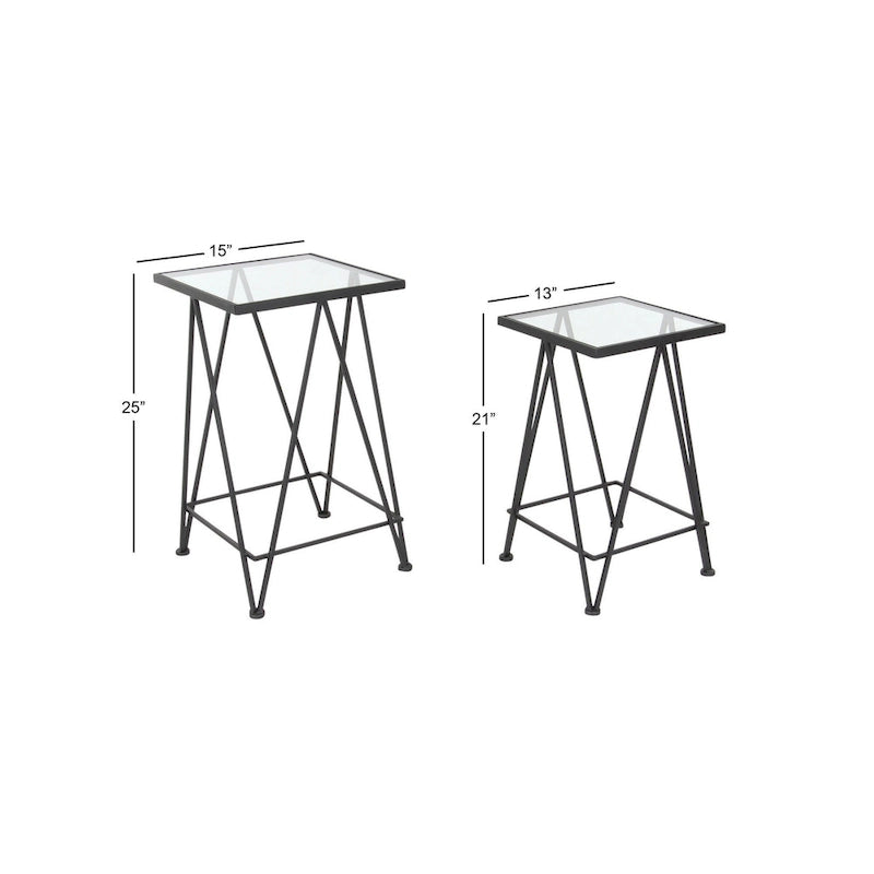 Mesa auxiliar de metal plateado/negro con tablero de cristal de espejo, juego de 2