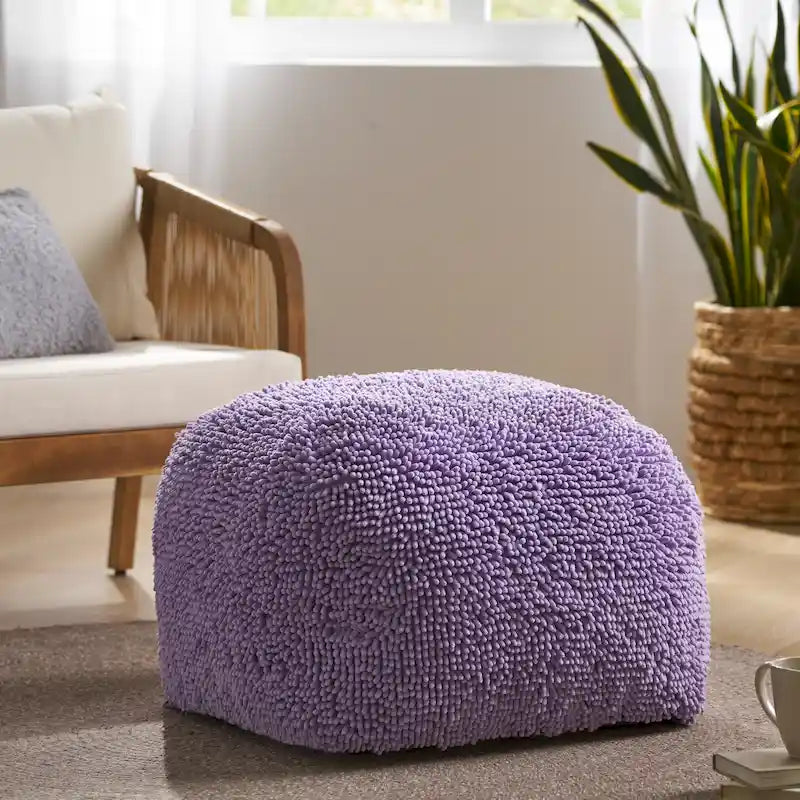 Puf de microfibra chenilla – Coral/Amarillo/Lavanda/Carbón, Cuadrado y Cubo, Asientos para 1