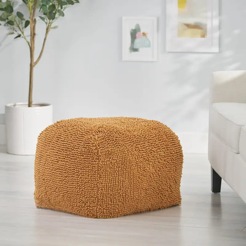 Puf de microfibra chenilla – Coral/Amarillo/Lavanda/Carbón, Cuadrado y Cubo, Asientos para 1