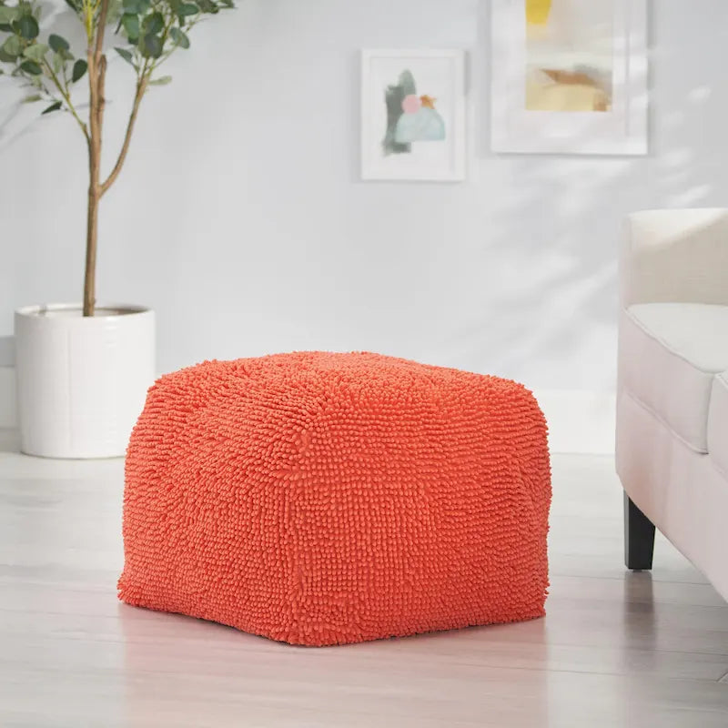 Puf de microfibra chenilla – Coral/Amarillo/Lavanda/Carbón, Cuadrado y Cubo, Asientos para 1
